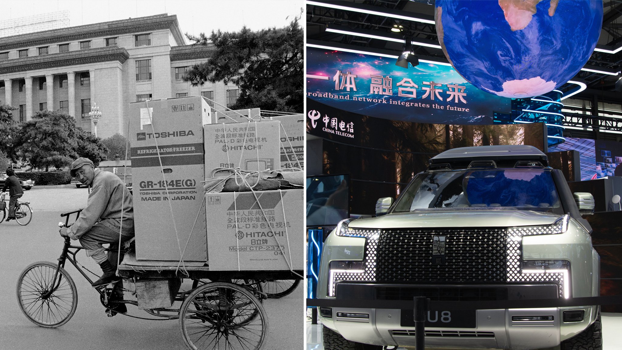 Links: Ein Fahrradfahrer in Peking 1985. Rechts: Ein Auto auf der SNIEC-Messe in Shanghai 2024 | Bild: picture alliance / ASSOCIATED PRESS | Neal Ulevich, picture alliance / NurPhoto | Ying Tang , Splitscreen: BR Links: Ein Fahrradfahrer in Peking 1985. Rechts: Ein Auto auf der SNIEC-Messe in Shanghai 2024